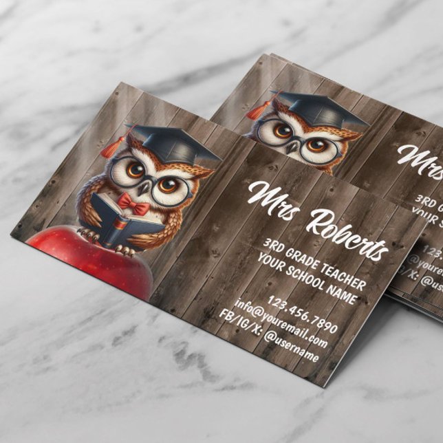 Cute OWL in Glasses Tutor Teacher Barn Wood Business Card (Creator Uploaded)