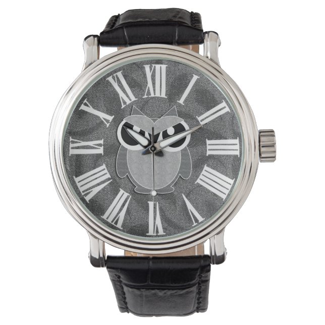 Cute Owl in Shades of Gray with Roman Numerals Watch (Front)