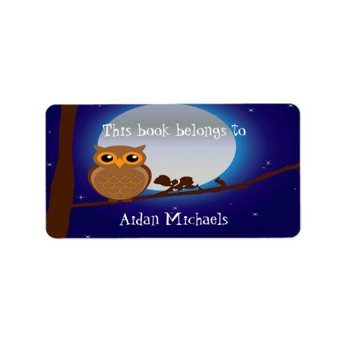 Cute owl in tree a blue night with moon bookplate