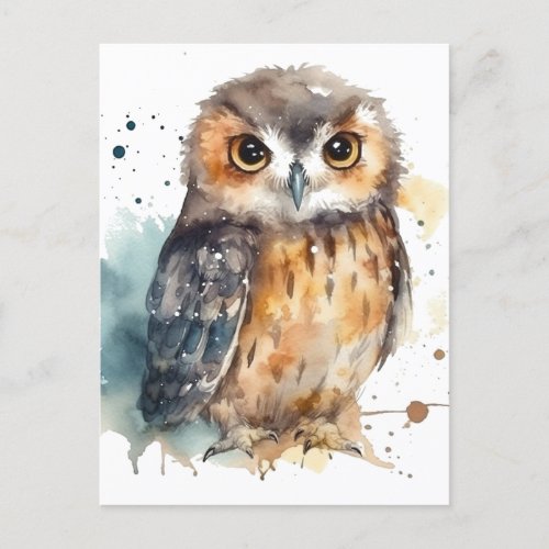 Cute owl in water color postcard