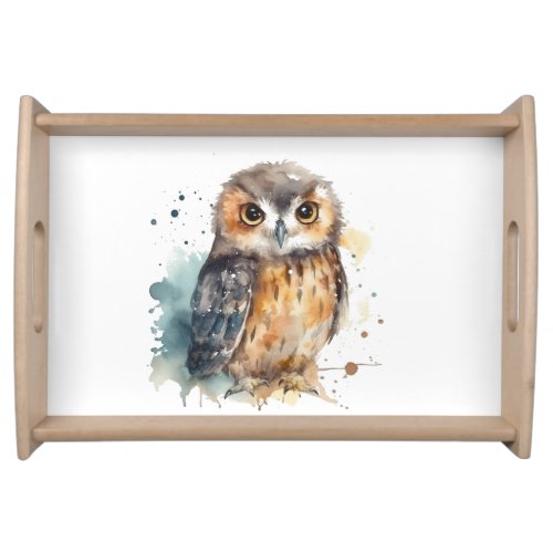 Cute owl in water color serving tray