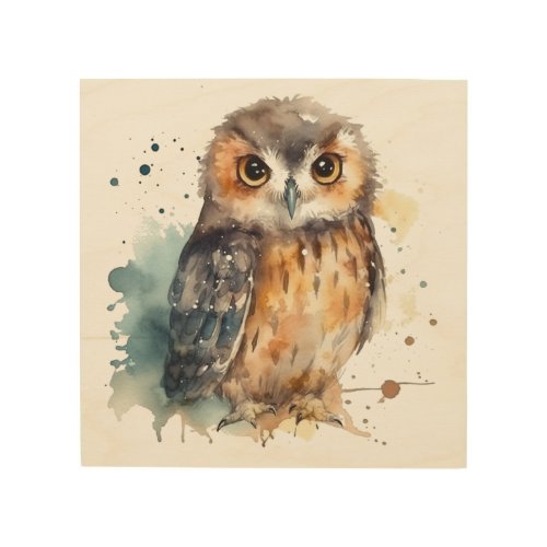 Cute owl in water color wood wall art