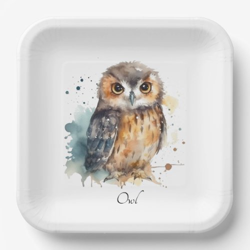 Cute owl in watercolor customizable paper plates