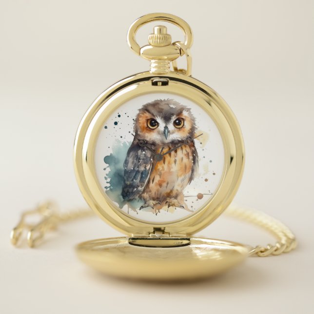 Cute owl in watercolor pocket watch (Inside)