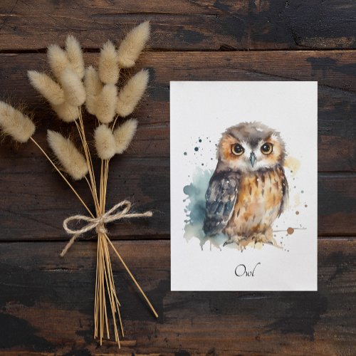 Cute owl in watercolor postcard