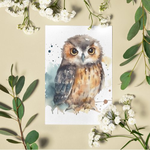 Cute owl in watercolor postcard