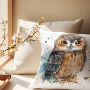 Cute owl in watercolor throw pillow