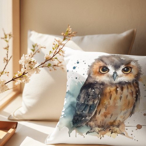 Cute owl in watercolor throw pillow