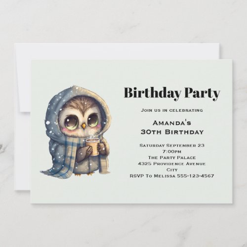 Cute Owl in Winter with Coffee Birthday Invitation