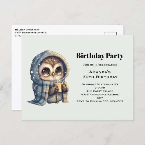 Cute Owl in Winter with Coffee Birthday Party Postcard