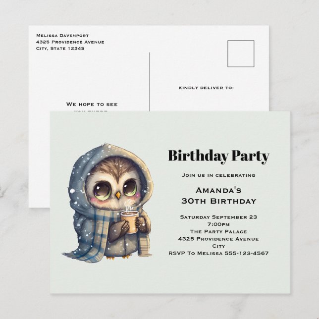 Cute Owl in Winter with Coffee Birthday Party Postcard (Front/Back)