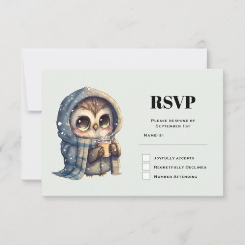 Cute Owl in Winter with Coffee RSVP Card
