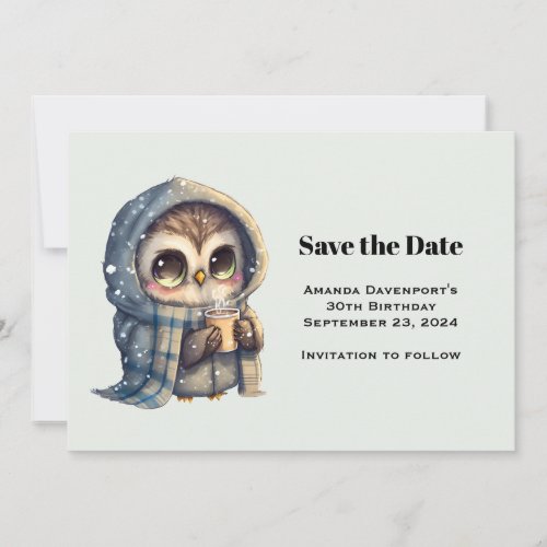 Cute Owl in Winter with Coffee Save The Date