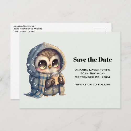 Cute Owl in Winter with Coffee Save the Date Invitation Postcard