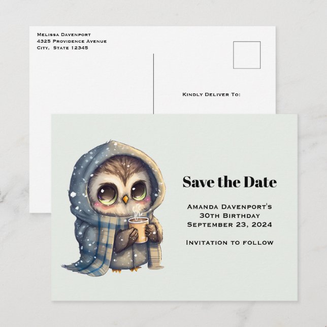 Cute Owl in Winter with Coffee Save the Date Invitation Postcard (Front/Back)
