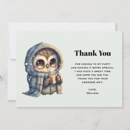 Cute Owl in Winter with Coffee Thank You Card