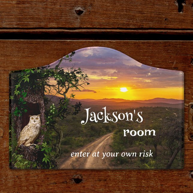 Cute Owl Kids Bedroom Door Sign (Cute door sign featuring an owl in a tree overlooking a landscape at sunset.)