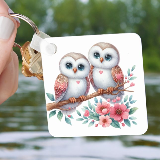 Cute Owl Love Cartoon Woodland Nature Lover Floral Keychain (Creator Uploaded)