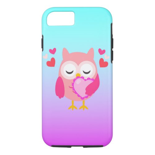 Cute Owl Love Heart Pink Purple Turquoise Ombre iPhone 87 Case