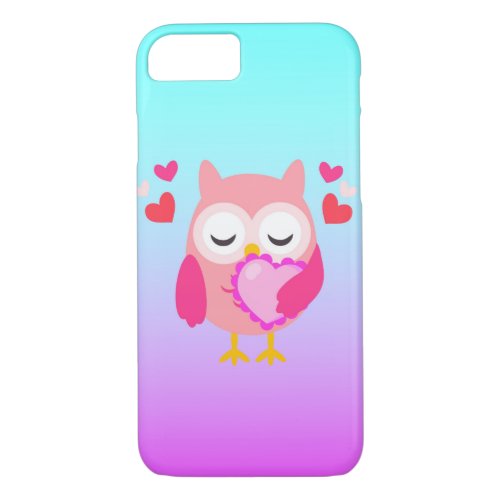 Cute Owl Love Heart Pink Purple Turquoise Ombre iPhone 87 Case