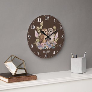 Cute owl lovers add name large clock
