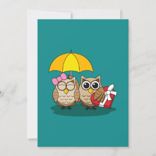 Cute Owl Lovers w/ Umbrella and Red Chocolate Box Invitation