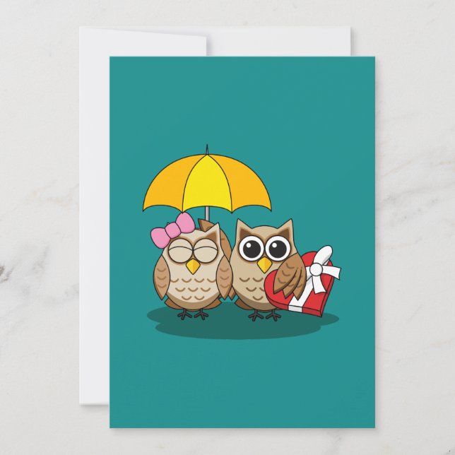 Cute Owl Lovers w/ Umbrella and Red Chocolate Box Invitation (Front)