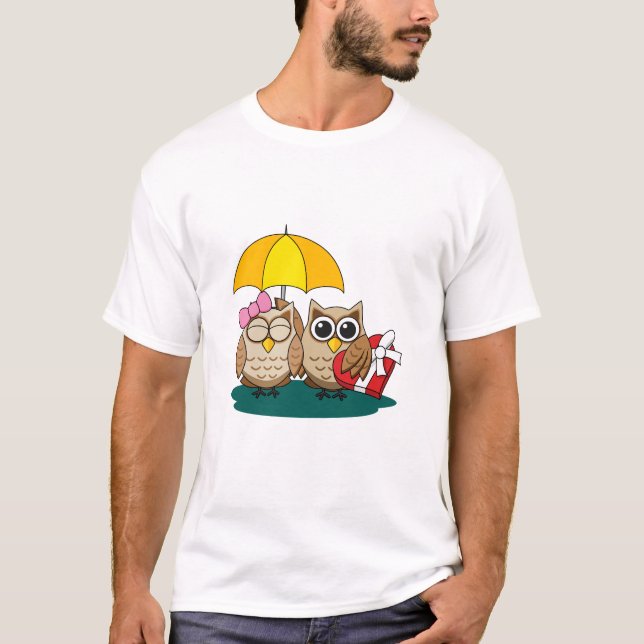 Cute Owl Lovers w/ Umbrella and Red Chocolate Box T-Shirt (Front)