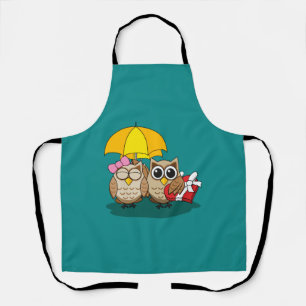 Cute Owl Lovers w/ Umbrella & Red Chocolate Box Apron