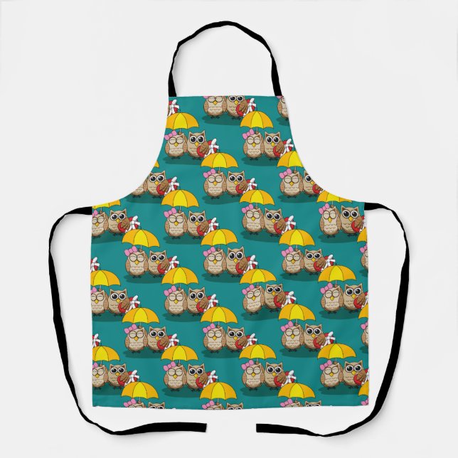 Cute Owl Lovers w/ Umbrella & Red Chocolate Box Apron (Front)