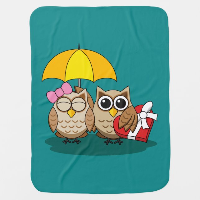 Cute Owl Lovers w/ Umbrella & Red Chocolate Box Baby Blanket (Front)