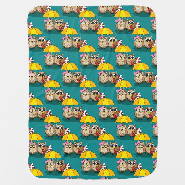 Cute Owl Lovers w/ Umbrella & Red Chocolate Box Baby Blanket (Front)