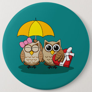 Cute Owl Lovers w/ Umbrella & Red Chocolate Box Button