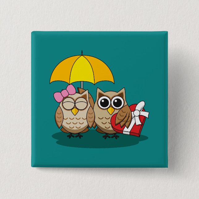 Cute Owl Lovers w/ Umbrella & Red Chocolate Box Button (Front)
