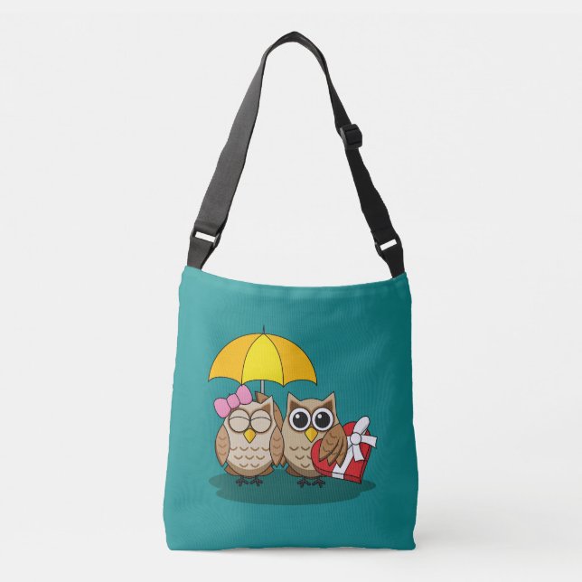 Cute Owl Lovers w/ Umbrella & Red Chocolate Box Crossbody Bag (Front)