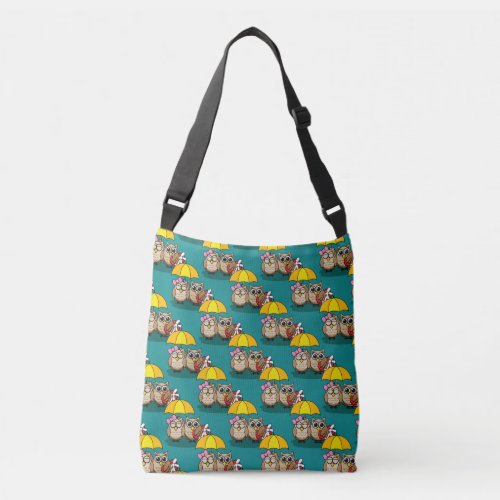 Cute Owl Lovers w/ Umbrella & Red Chocolate Box Crossbody Bag