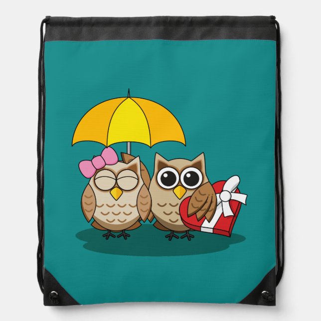 Cute Owl Lovers w/ Umbrella & Red Chocolate Box Drawstring Bag (Front)