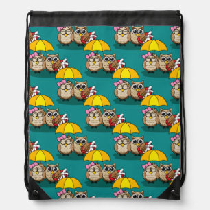 Cute Owl Lovers w/ Umbrella & Red Chocolate Box Drawstring Bag