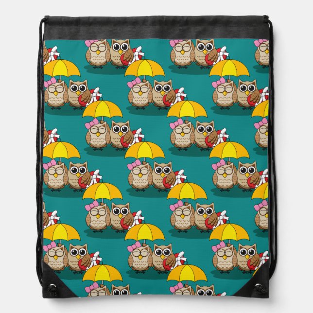 Cute Owl Lovers w/ Umbrella & Red Chocolate Box Drawstring Bag (Front)