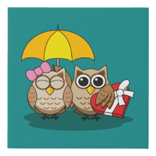 Cute Owl Lovers w/ Umbrella & Red Chocolate Box Faux Canvas Print