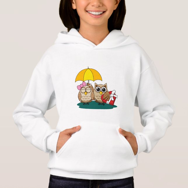 Cute Owl Lovers w/ Umbrella & Red Chocolate Box Hoodie (Front)