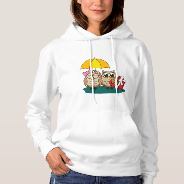 Cute Owl Lovers w/ Umbrella & Red Chocolate Box Hoodie (Front)