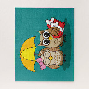Cute Owl Lovers w/ Umbrella & Red Chocolate Box Jigsaw Puzzle