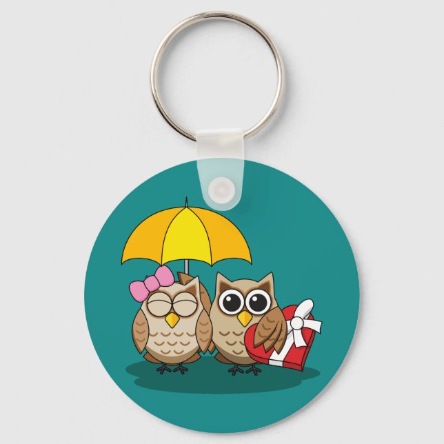 Cute Owl Lovers w/ Umbrella & Red Chocolate Box Keychain (Front)