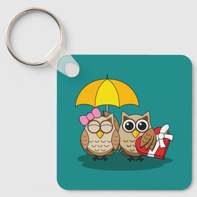 Cute Owl Lovers w/ Umbrella & Red Chocolate Box Keychain (Front)
