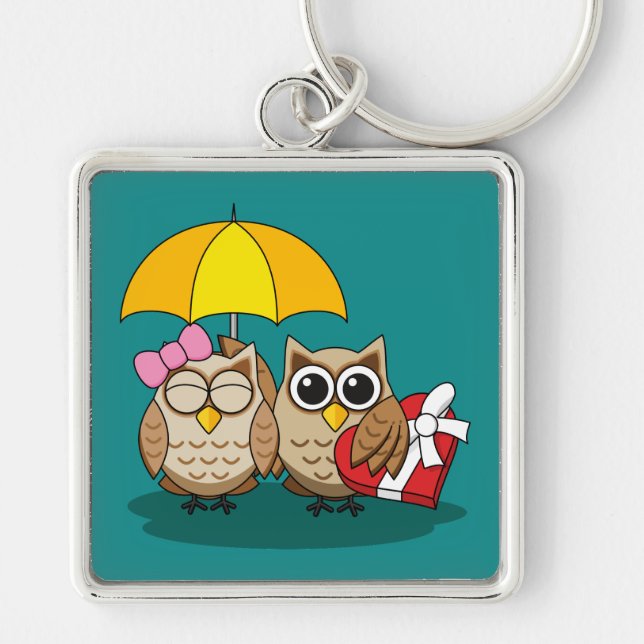 Cute Owl Lovers w/ Umbrella & Red Chocolate Box Keychain (Front)