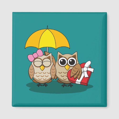 Cute Owl Lovers w Umbrella  Red Chocolate Box Magnet