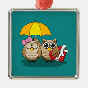 Cute Owl Lovers w/ Umbrella & Red Chocolate Box Metal Ornament