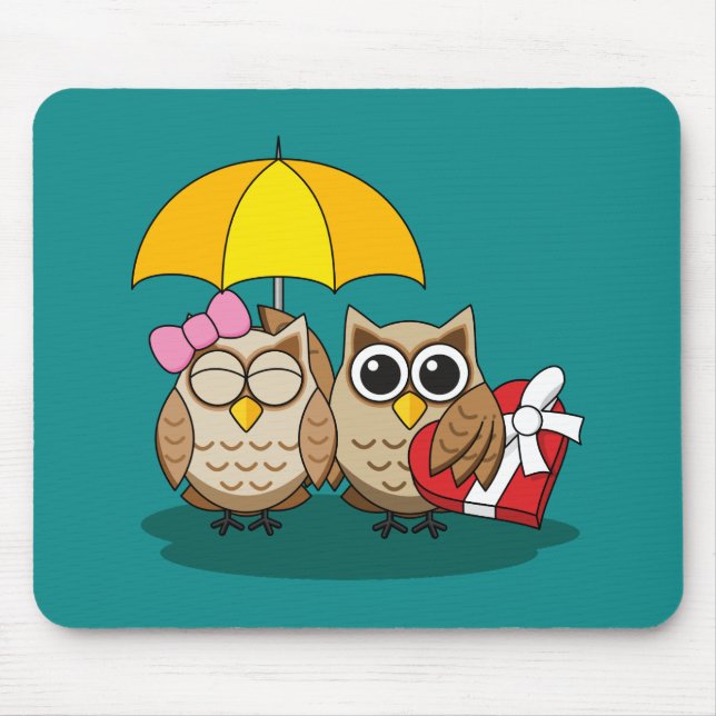 Cute Owl Lovers w/ Umbrella & Red Chocolate Box Mouse Pad (Front)