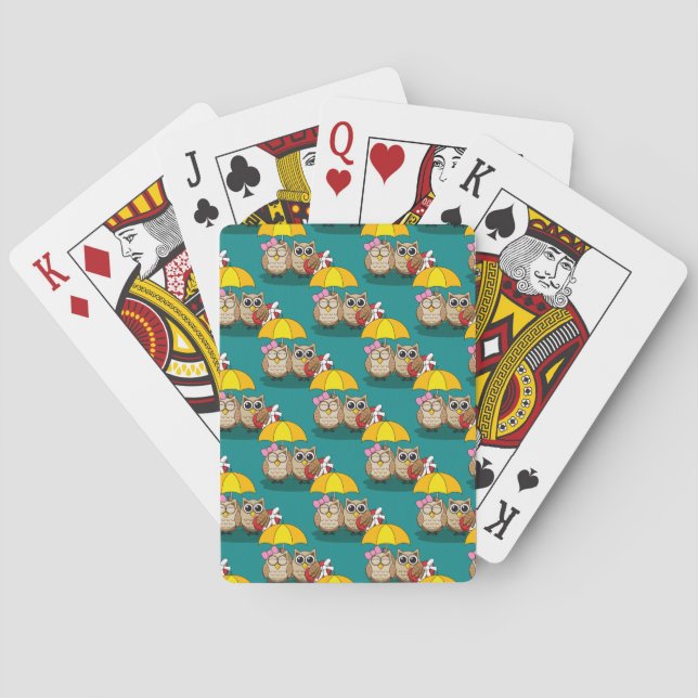 Cute Owl Lovers w/ Umbrella & Red Chocolate Box Poker Cards (Back)